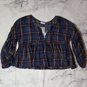 Day+Moon Blue & Brown Plaid Blouse